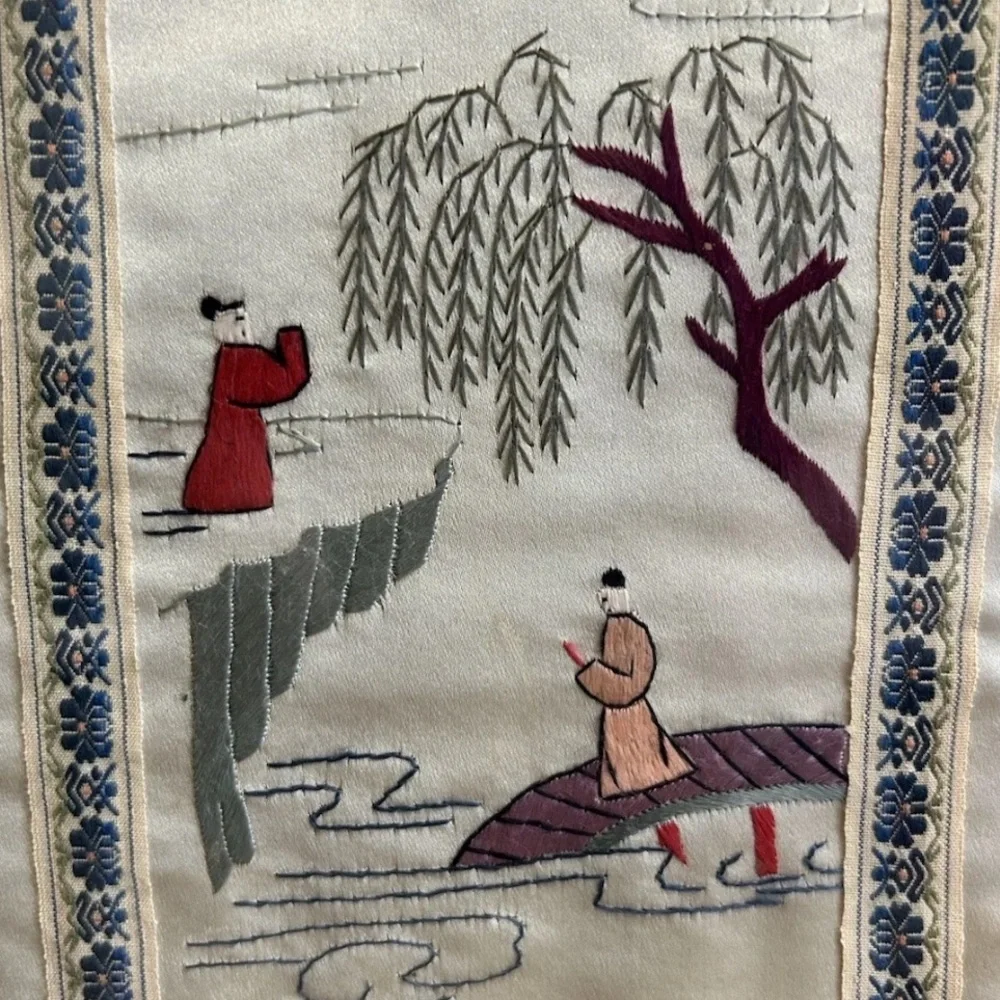 Vintage Chinese Handwoven Embroidery Framed Gold Bamboo Frame 12x24